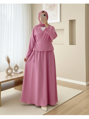 Yandan Bağlamalı Etekli Keten Takım   -Pembe