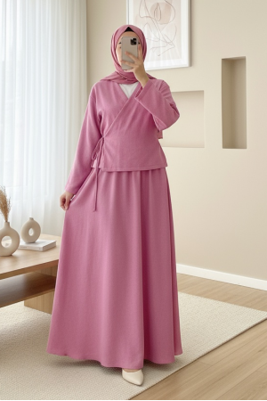 Yandan Bağlamalı Etekli Keten Takım   -Pembe