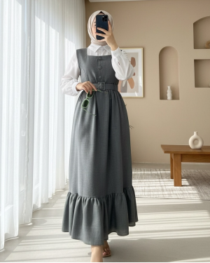 Button Up Dress with Ruffled Waist Belt   -Smoked 
