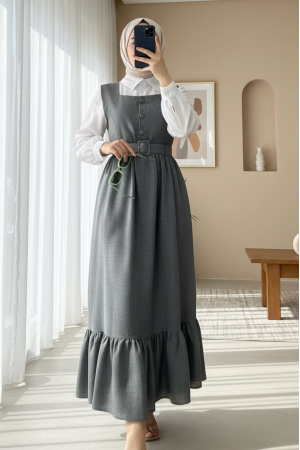 Top Düğmeli Altı Fırfırlı Beli Kemerli  Jile Elbise  -Füme