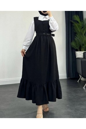 Top Düğmeli Altı Fırfırlı Beli Kemerli  Jile Elbise  -Siyah