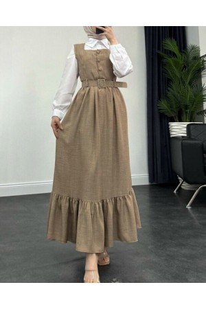 Top Düğmeli Altı Fırfırlı Beli Kemerli  Jile Elbise  -Vizon