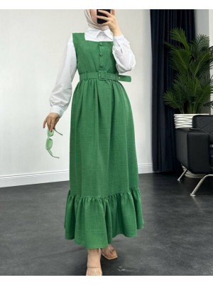 فستان  بأزرار  مع حزام  خصر  مكشكش   -أخضر