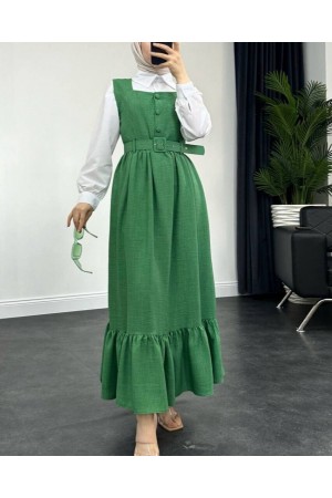 Button Up Dress with Ruffled Waist Belt   -Green