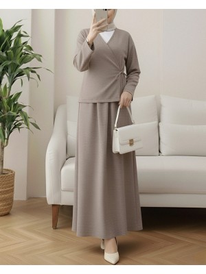 Önü Bağcıklı Yün Efekt Kışlık Takım -Toprak