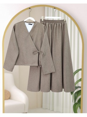 Önü Bağcıklı Yün Efekt Kışlık Takım -Toprak