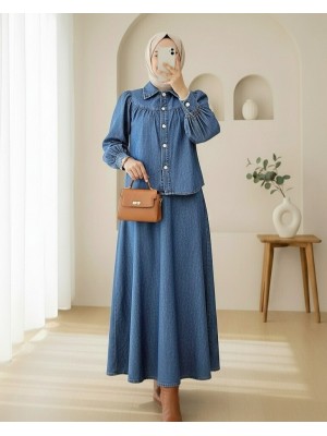 Beli Kemerli Önü Düğmeli Etekli Kot Takım -İndigo