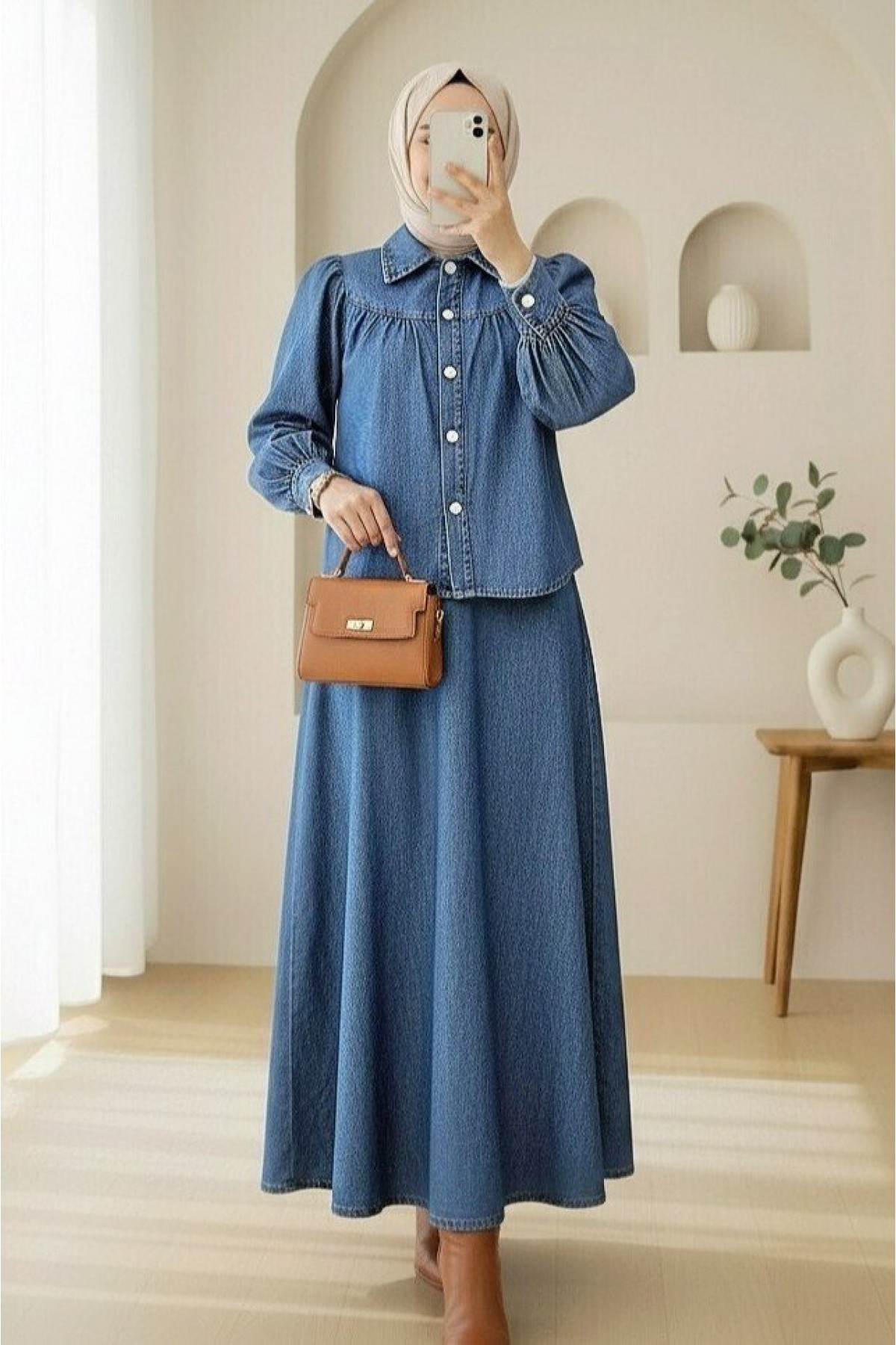 Denim Suit with Waist Belt and Buttoned Front Skirt -İndigo