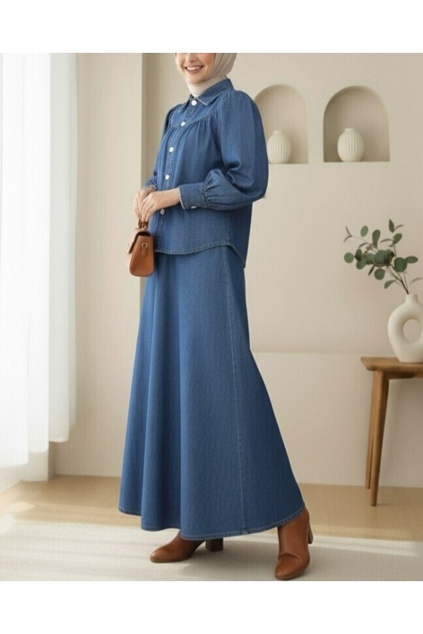 Denim Suit with Waist Belt and Buttoned Front Skirt -İndigo