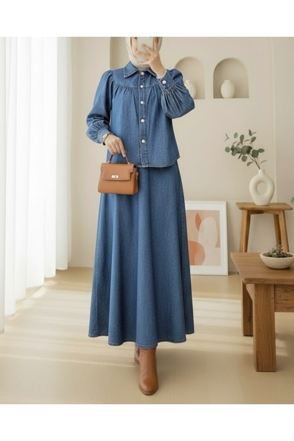 Denim Suit with Waist Belt and Buttoned Front Skirt -İndigo