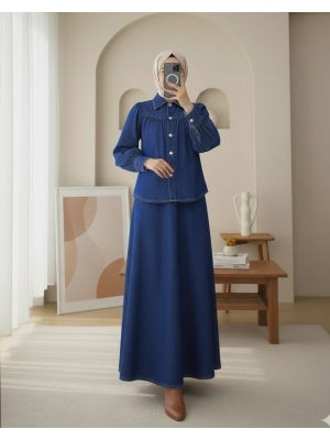 Beli Kemerli Önü Düğmeli Etekli Kot Takım -Laci