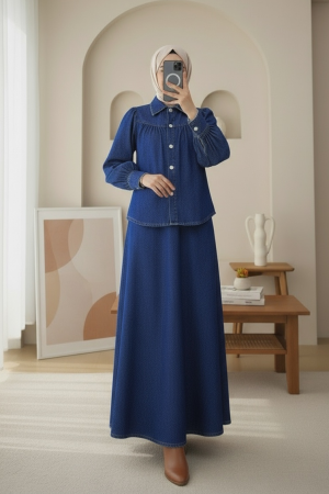 Beli Kemerli Önü Düğmeli Etekli Kot Takım -Laci