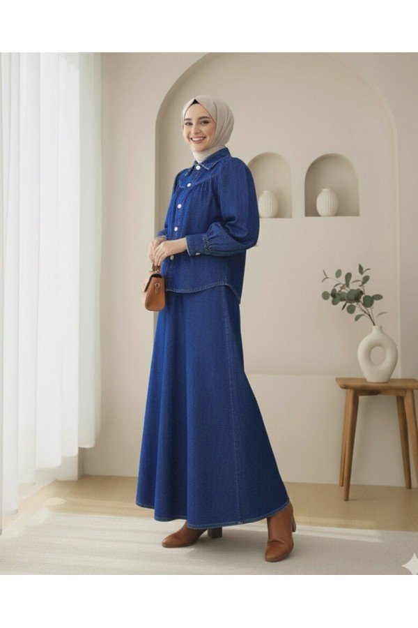Denim Suit with Waist Belt and Buttoned Front Skirt -Navy blue