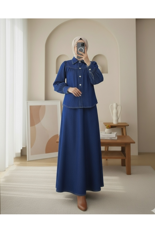 Denim Suit with Waist Belt and Buttoned Front Skirt -Navy blue