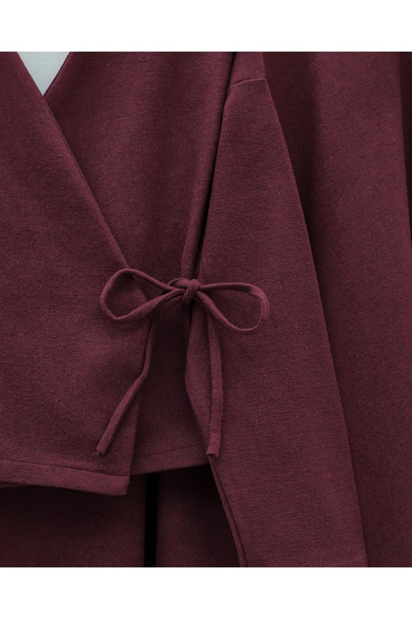 Önü Bağlamalı Etekli Kaşe Kimono Takım -Bordo
