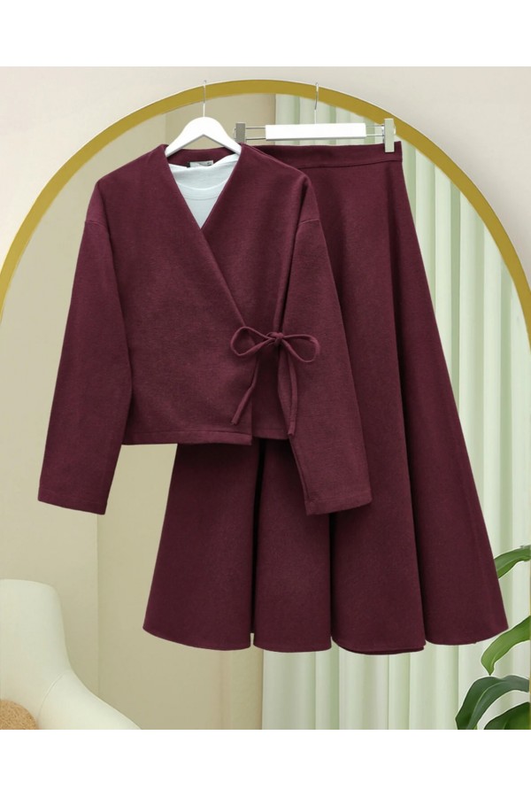 Önü Bağlamalı Etekli Kaşe Kimono Takım -Bordo