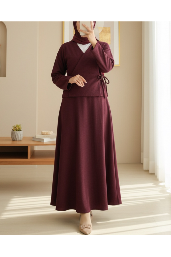 Önü Bağlamalı Etekli Kaşe Kimono Takım -Bordo