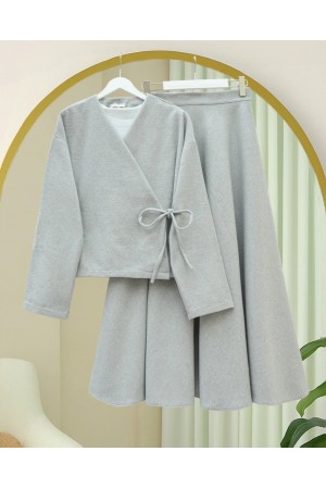 Tied Front Skirted Cashmere Kimono Set -Grey