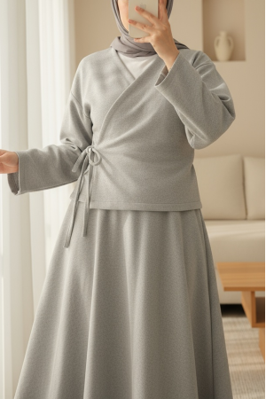 Önü Bağlamalı Etekli Kaşe Kimono Takım -Gri