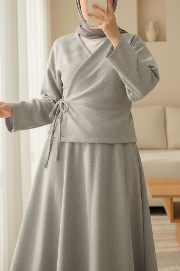 Önü Bağlamalı Etekli Kaşe Kimono Takım -Gri