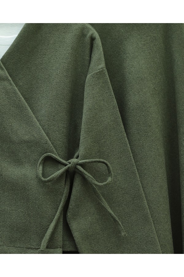 Tied Front Skirted Cashmere Kimono Set -Khaki