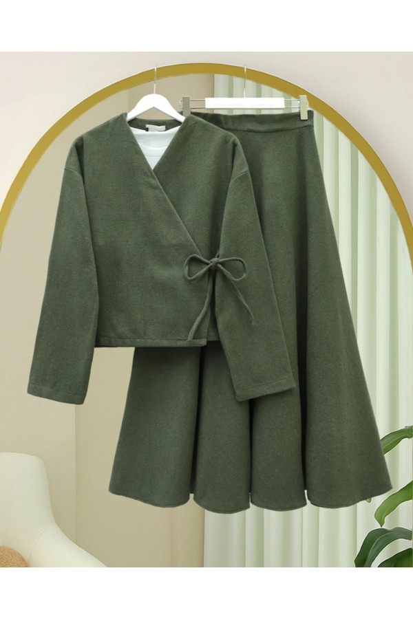Tied Front Skirted Cashmere Kimono Set -Khaki