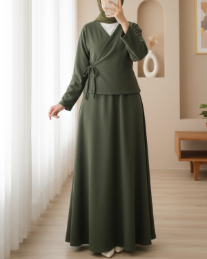 Tied Front Skirted Cashmere Kimono Set -Khaki