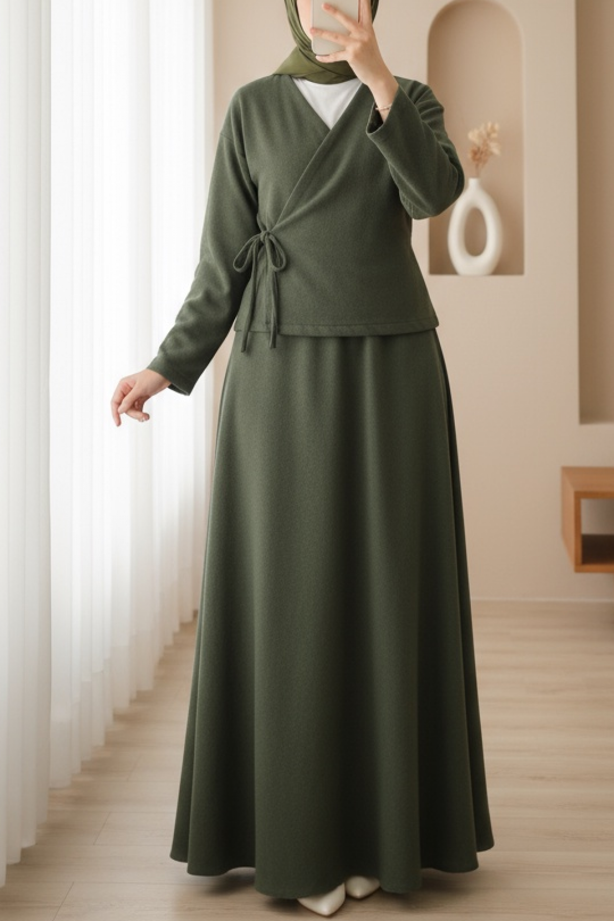 Tied Front Skirted Cashmere Kimono Set -Khaki