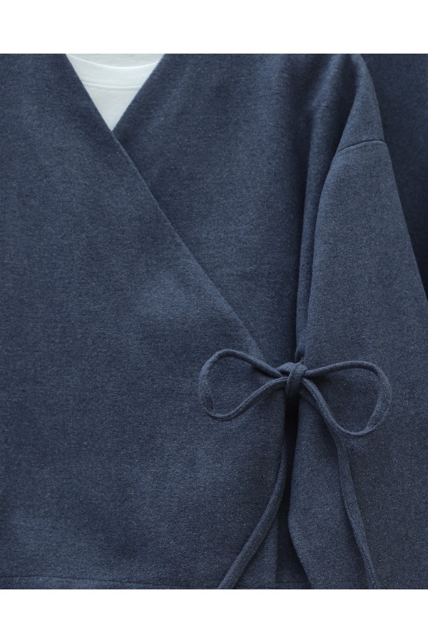 Önü Bağlamalı Etekli Kaşe Kimono Takım -İndigo