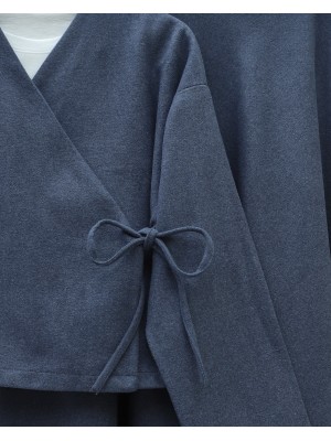 Önü Bağlamalı Etekli Kaşe Kimono Takım -İndigo