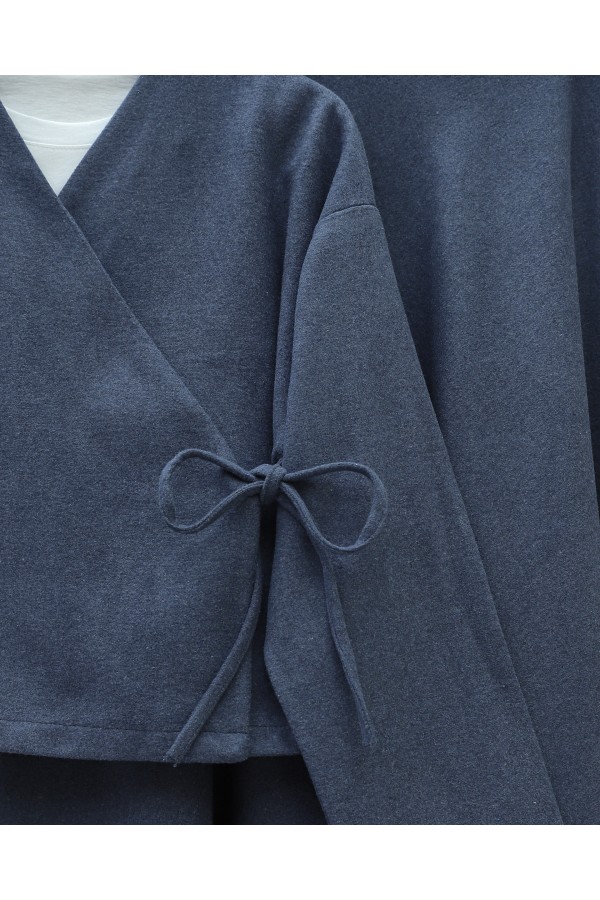 Önü Bağlamalı Etekli Kaşe Kimono Takım -İndigo