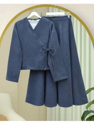 Önü Bağlamalı Etekli Kaşe Kimono Takım -İndigo