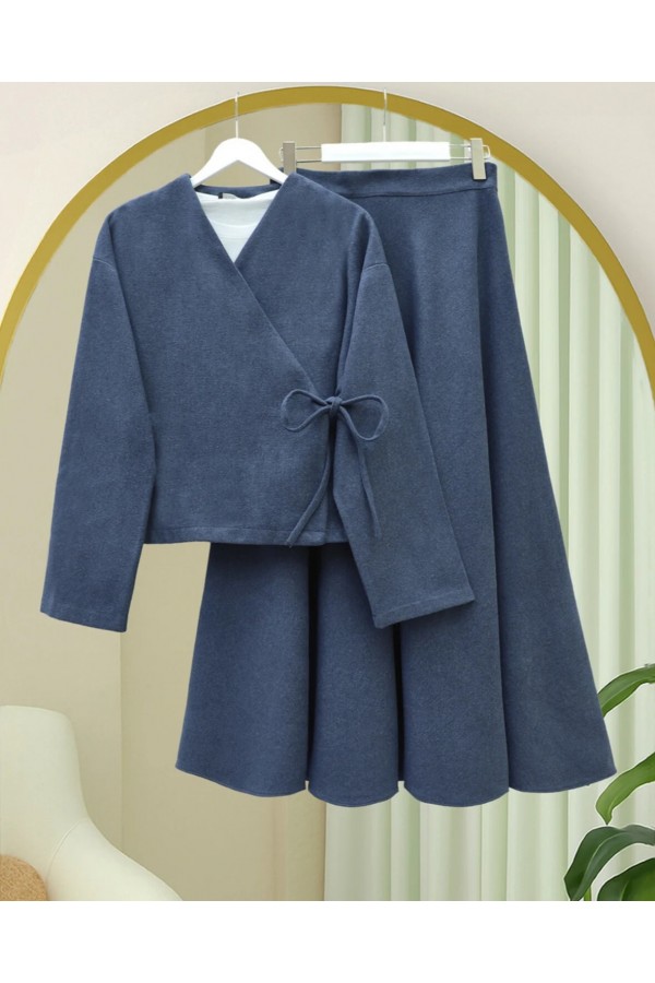 Önü Bağlamalı Etekli Kaşe Kimono Takım -İndigo