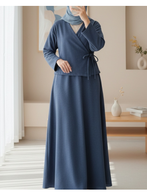 Önü Bağlamalı Etekli Kaşe Kimono Takım -İndigo