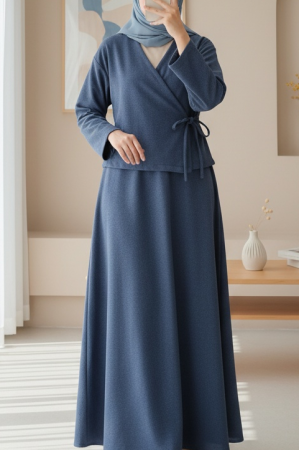 Önü Bağlamalı Etekli Kaşe Kimono Takım -İndigo