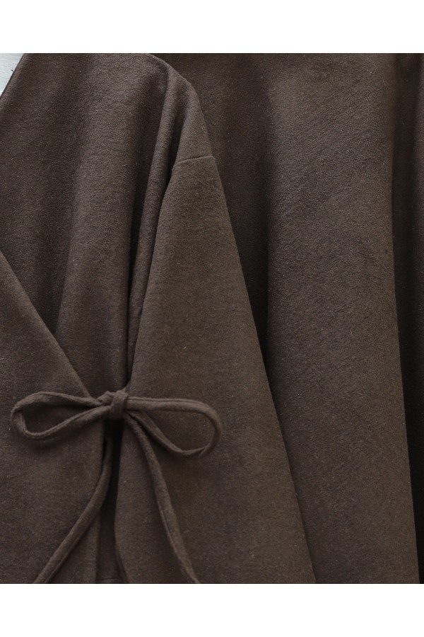 Önü Bağlamalı Etekli Kaşe Kimono Takım -Kahve
