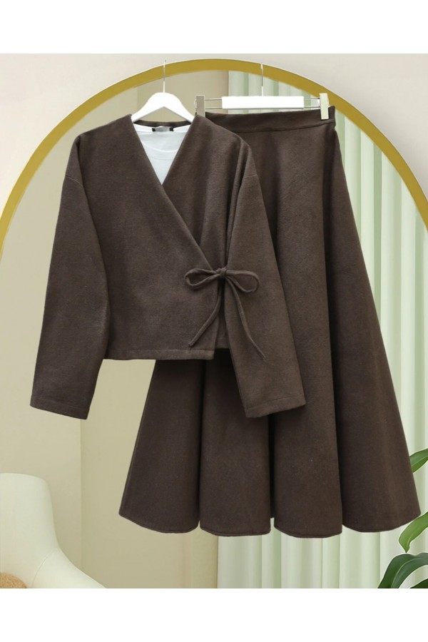 Önü Bağlamalı Etekli Kaşe Kimono Takım -Kahve