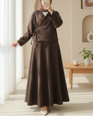 Tied Front Skirted Cashmere Kimono Set -Brown