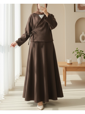 Önü Bağlamalı Etekli Kaşe Kimono Takım -Kahve