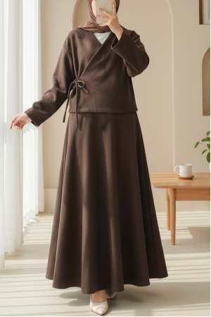 Önü Bağlamalı Etekli Kaşe Kimono Takım -Kahve