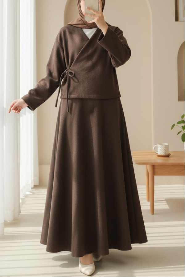 Önü Bağlamalı Etekli Kaşe Kimono Takım -Kahve
