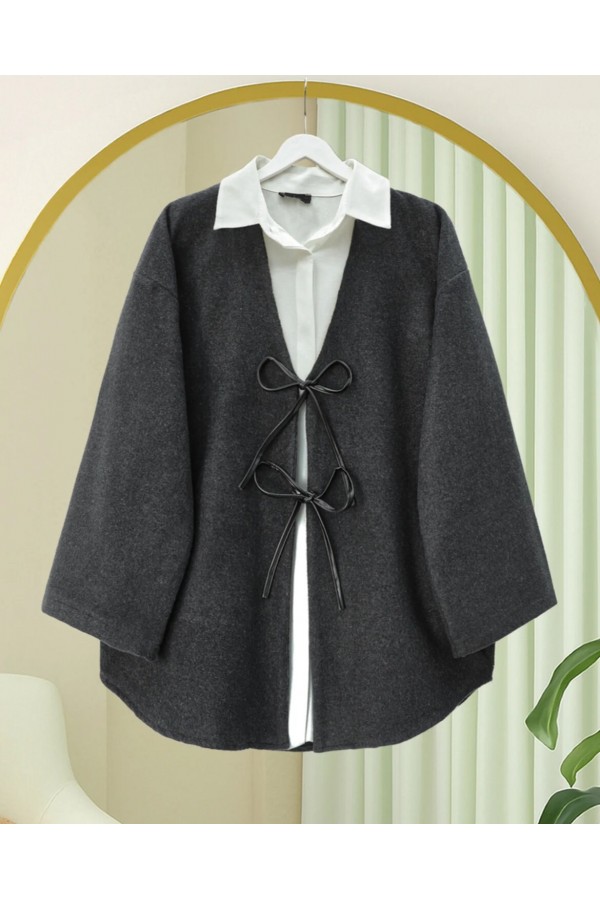Önü Bağcıklı Oval Kesim Kaşe Kimono     -Antrasit