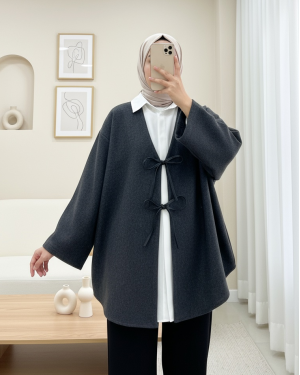 Laced Front Oval Cut Cashmere Kimono     -Anthracite