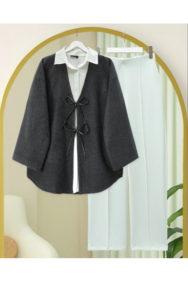 Önü Bağcıklı Oval Kesim Kaşe Kimono     -Antrasit
