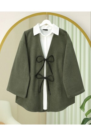 Laced Front Oval Cut Cashmere Kimono     -Khaki