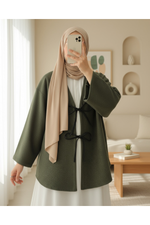 Laced Front Oval Cut Cashmere Kimono     -Khaki