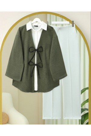 Laced Front Oval Cut Cashmere Kimono     -Khaki