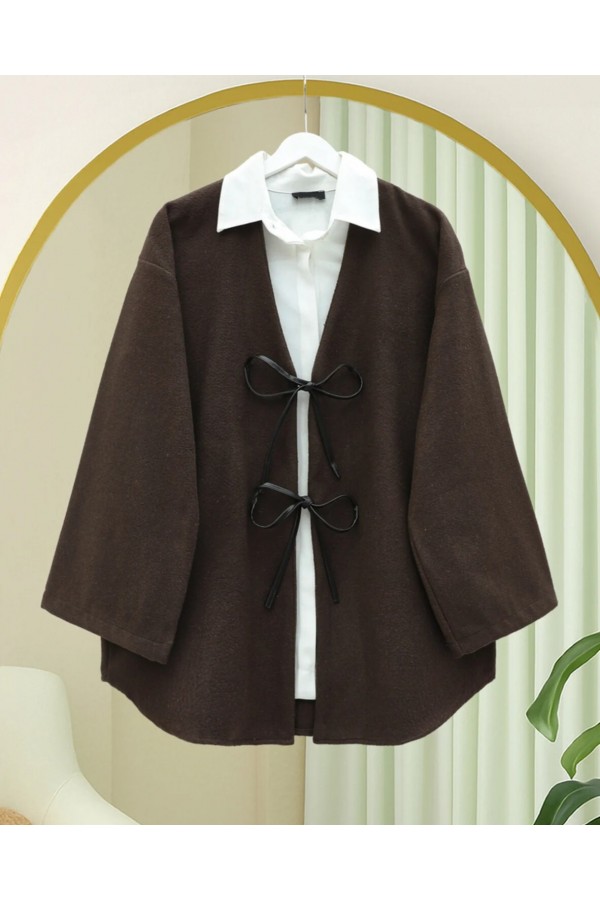 Önü Bağcıklı Oval Kesim Kaşe Kimono     -Kahve