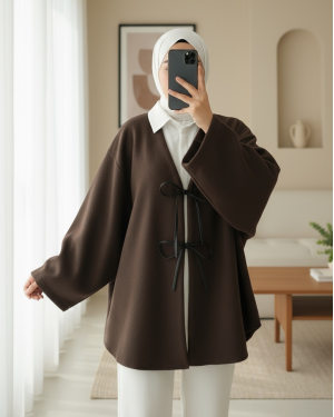 Laced Front Oval Cut Cashmere Kimono     -Brown