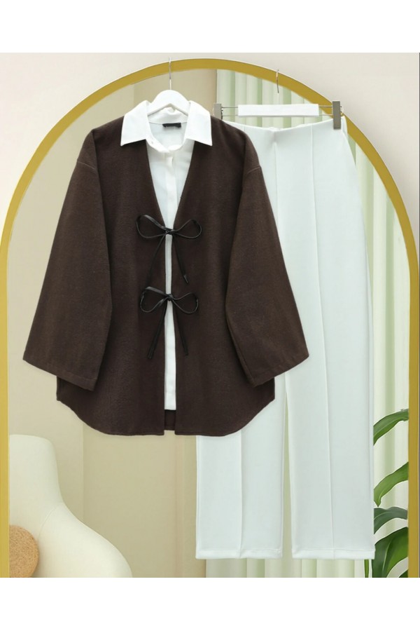 Önü Bağcıklı Oval Kesim Kaşe Kimono     -Kahve
